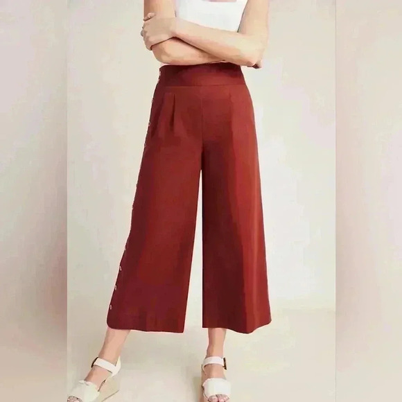 Anthropologie Pants - Anthropologie Button Wide-Leg Ankle Pants in Rust Boho Linen Blend 6 Women's